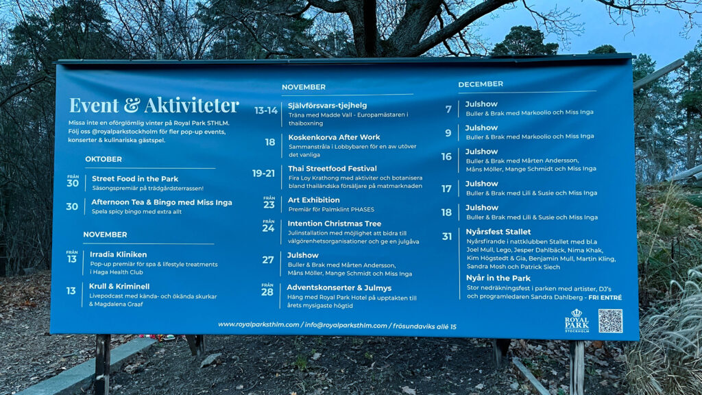 Här är hela programmet närmsta tiden på Royal park Sthlm.